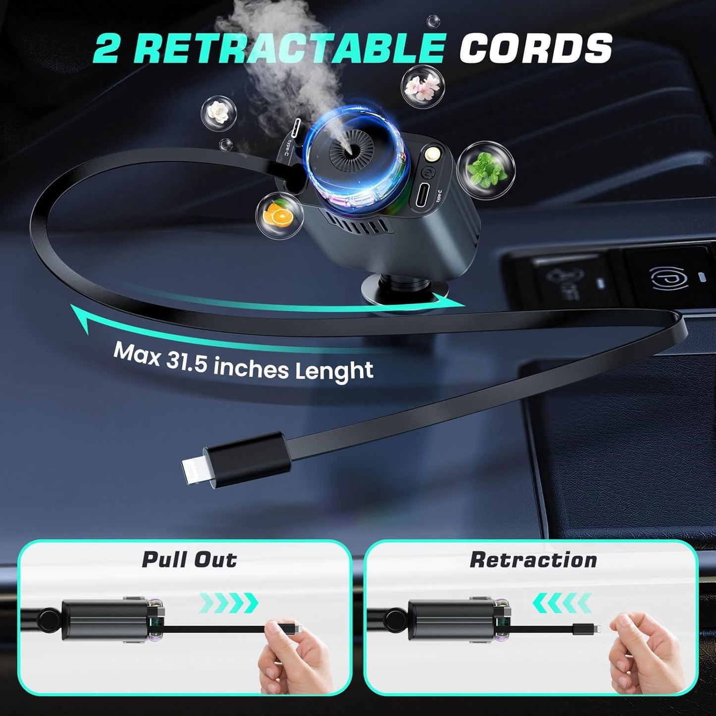 5-in-1 Retractable USB C Car Charger with Aromatherapy & Starlight – Fast Car Charging Adapter